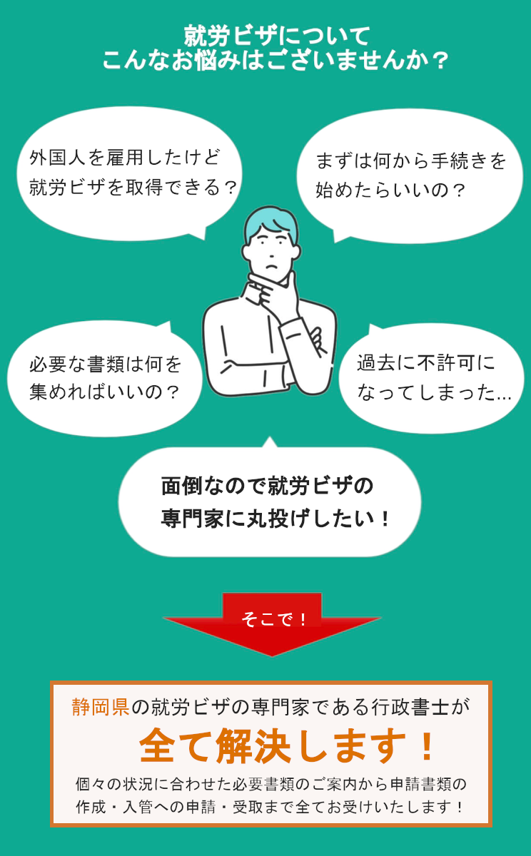 静岡県の就労ビザ申請は行政書士事務所ONE BY ONEにお任せください！就労ビザについてこんなお悩みはございませんか？「外国人を雇用したけど就労ビザを取得できる？」「まずは何から手続きを始めたらいいの？」「必要な書類は何を集めればいいの？」「過去に不許可になってしまった・・・」「面倒なので就労ビザの専門家に全て丸投げしたい！」。そこで！静岡県の就労ビザの専門家である行政書士が全て解決します！個々の状況に合わせた必要書類のご案内から申請書類の作成・入管への申請・受け取りまで全てお受けいたします！